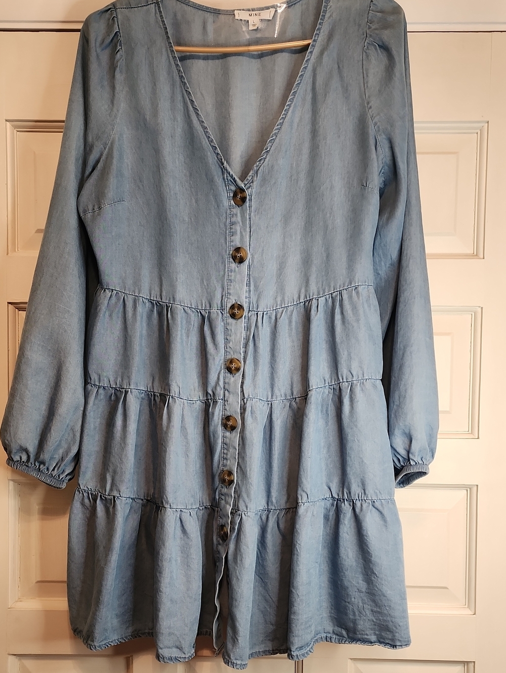 MINE Light Blue Denim So Cute Layered Ruffled Dress VNeck Elastic Puffy Sleeves